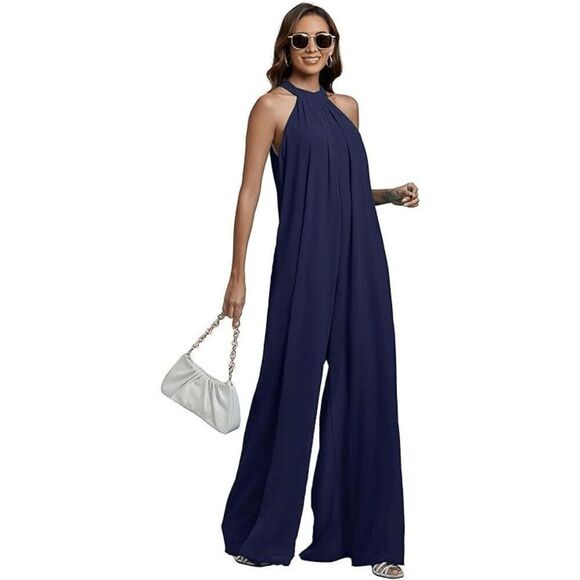 LYANER Size Large Black Women's Halter Neck Sleeveless Chiffon Wide Leg Long Pan - Picture 6 of 7